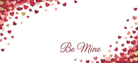 Red pink and gold hearts scattered across white background with Be Mine text love valentine