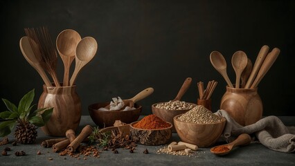 Rustic wooden spoons and assorted grains and spices in bowls