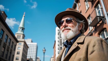 Smiling senior man in a hat and sunglasses enjoying a sunny urban day