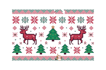 Festive Pixelated Christmas Reindeer Pattern on White Background