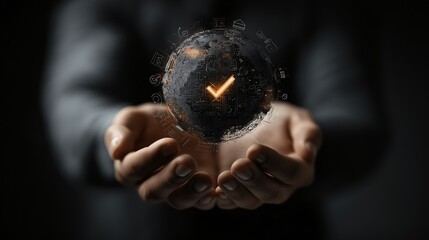 An individual holds a glowing globe, with a luminous checkmark. representing global acknowledgment and validation, against a dark, professional backdrop.
