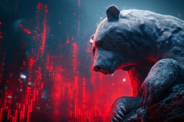A stoic bear statue stands against a backdrop of a futuristic city, a symbol of strength and endurance in the face of a technological world. 