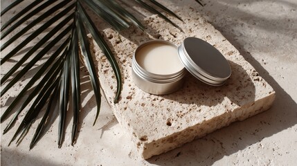 white compact balm on grainy stone slab with palm leaf in natural minimal scene