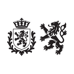 Fototapeta premium Heraldic coat of arms with wings and a shield featuring an eagle, lion, and crown, in a vintage vector design perfect for a royal emblem or tribal tattoo illustration