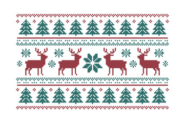 Festive Pixelated Christmas Reindeer Pattern on White Background