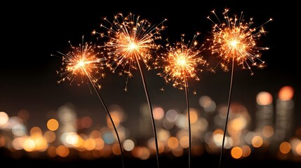 Sparkling firecrackers against a night city skyline.