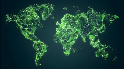 Global network map with a glowing green polygon structure.