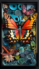 Colorful Paper Art with Monarch Butterfly and Floral Background, A vibrant paper art design featuring a monarch butterfly with detailed floral elements. Perfect for craft, wall decor, or creative