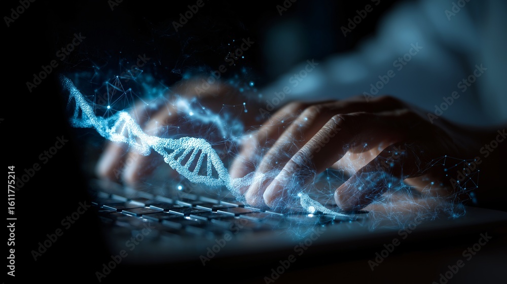 Poster a scientist's hands delicately interact with a holographic representation of dna strands. a cutting-
