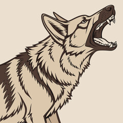 Fototapeta premium Howling Wolf or German Shepherd Dog Head Profile with Open Mouth and Sharp Teeth