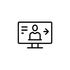 Outline icon computer screen showing person arrow monitor symbol