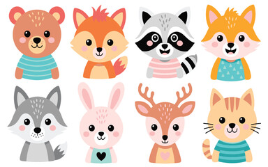 Fototapeta premium A set of eight cute cartoon animal portraits arranged in two rows of four