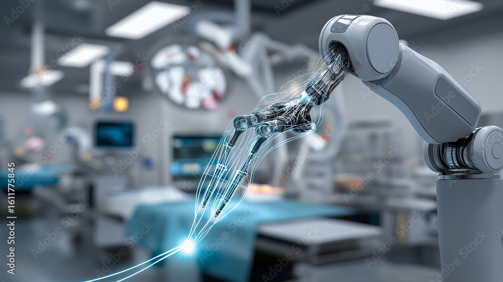 Poster an advanced robotic surgical arm precisely performs a complex medical procedure within a state-of-th