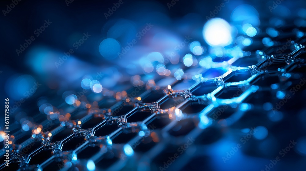 Poster a close-up of intricate honeycomb structure showcasing the elegance of technological design, illumin