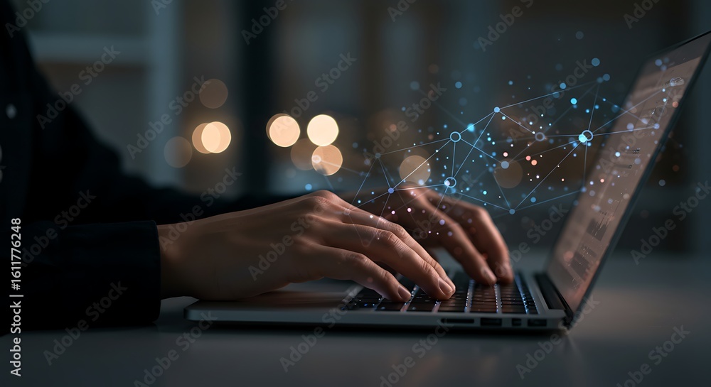 Poster hands typing on a laptop with a digital network overlay