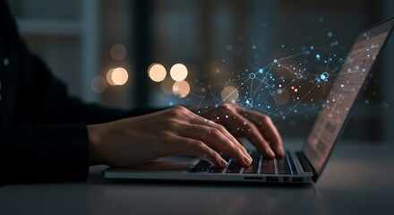 Hands typing on a laptop with a digital network overlay