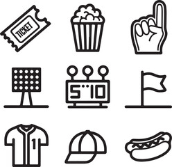 Baseball Fan & Stadium Icon Pack Ticket, Popcorn, Foam Finger, Stadium Lights, Scoreboard, Flag, Jersey with Number, Cap, Hotdog