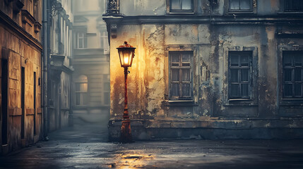 Foggy alleyway, lamp post, old buildings.  Misty night, cobblestone street, weathered stone