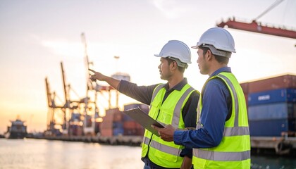 Dock workers inspecting shipping containers at port