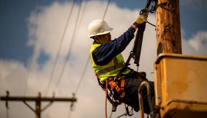 Utility worker repairing power line on pole