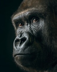 Soulful Close-Up Portrait of Gorilla Face with Detailed Fur and Wrinkled Skin