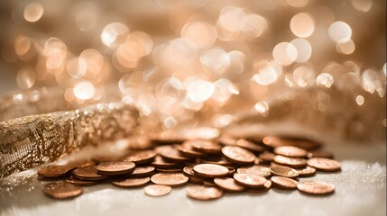 Copper coins clustered on a light surface with a golden ribbon.