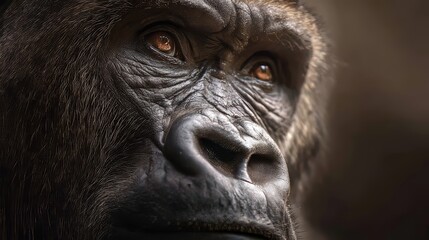 Soulful Close-Up Portrait of Gorilla Face with Detailed Fur and Wrinkled Skin
