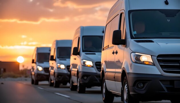 White commercial vans driving in a line at sunset – a reliable transport fleet on the road