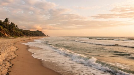 Fototapeta premium Serene Sunrise Over Tranquil Beach with Gentle Waves and Clouds