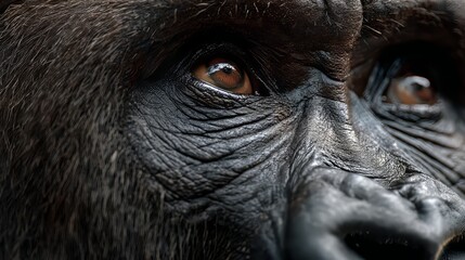 Soulful Close-Up Portrait of Gorilla Face with Detailed Fur and Wrinkled Skin