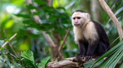 Curious Capuchin Monkey Close-Up on Log with Tropical Background