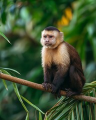 Curious Capuchin Monkey Close-Up on Log with Tropical Background