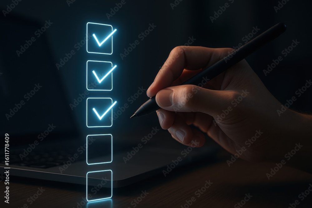 Poster checklist completion: a hand meticulously checks boxes on a digital checklist, signifying task compl