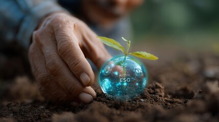 Hand Planting Seedling in Soil with ESG Concept in Glass Sphere