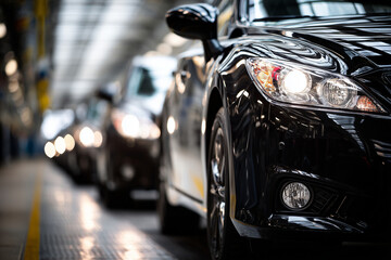 Fototapeta premium Finished cars lined up at production exit of assembly plant, shiny surface, dramatic industrial light