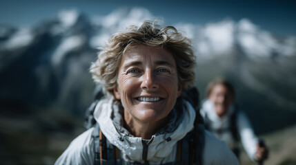 Smiling older woman hiking in mountains during early morning light

