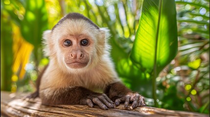 Curious Capuchin Monkey Close-Up on Log with Tropical Background