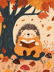 Fototapeta premium Flat cartoon hedgehog under a fall tree, reading a book and wrapped in a blanket, perfect for cozy Thanksgiving wall prints, seasonal kids decor, and harvest visuals