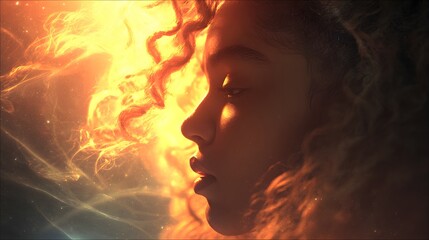 Close-up profile view of a person with fiery, curly hair.