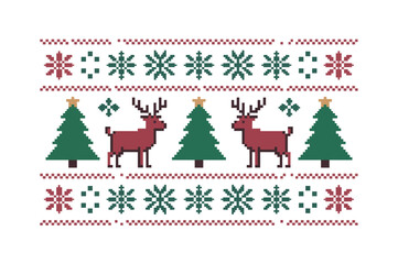 Festive Pixelated Christmas Reindeer Pattern on White Background