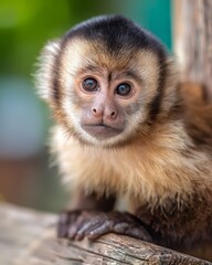 Curious Capuchin Monkey Close-Up on Log with Tropical Background