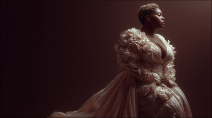 Confident woman in dramatic flowing gown on dark background
