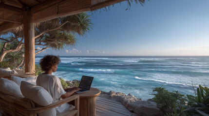 Person working on laptop by the ocean with tropical view
