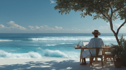 Person working on laptop by the ocean with tropical view
