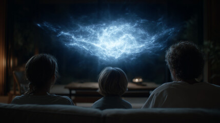 Family watching glowing cosmic light form in living room
