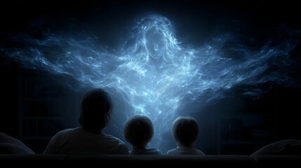 Family watching a glowing ethereal spirit form in the dark
