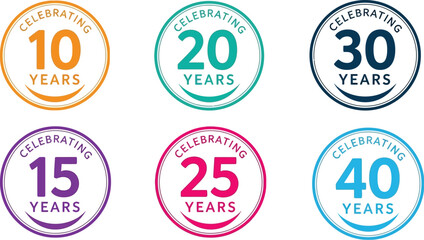 Celebrate milestones with vibrant anniversary badges for 10, 15, 20, 25, 30, and 40 years