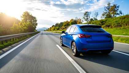 Obraz premium Blue car on highway, autumn landscape