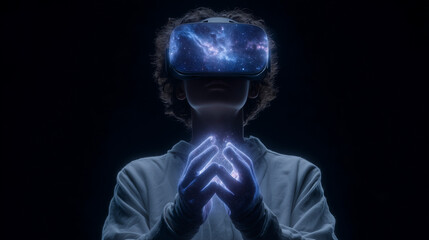 Teen immersed in virtual reality with glowing galaxy headset
