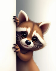 Adorable cartoon raccoon with big eyes peeking from behind white wall - cute character